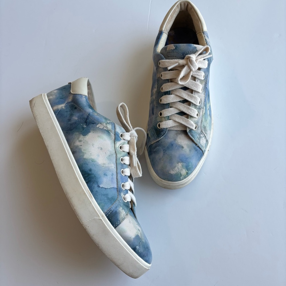 SH4 Sam Edelman‎ Blue Watercolor Cloud Print Leather Sneakers Casual Women 10M